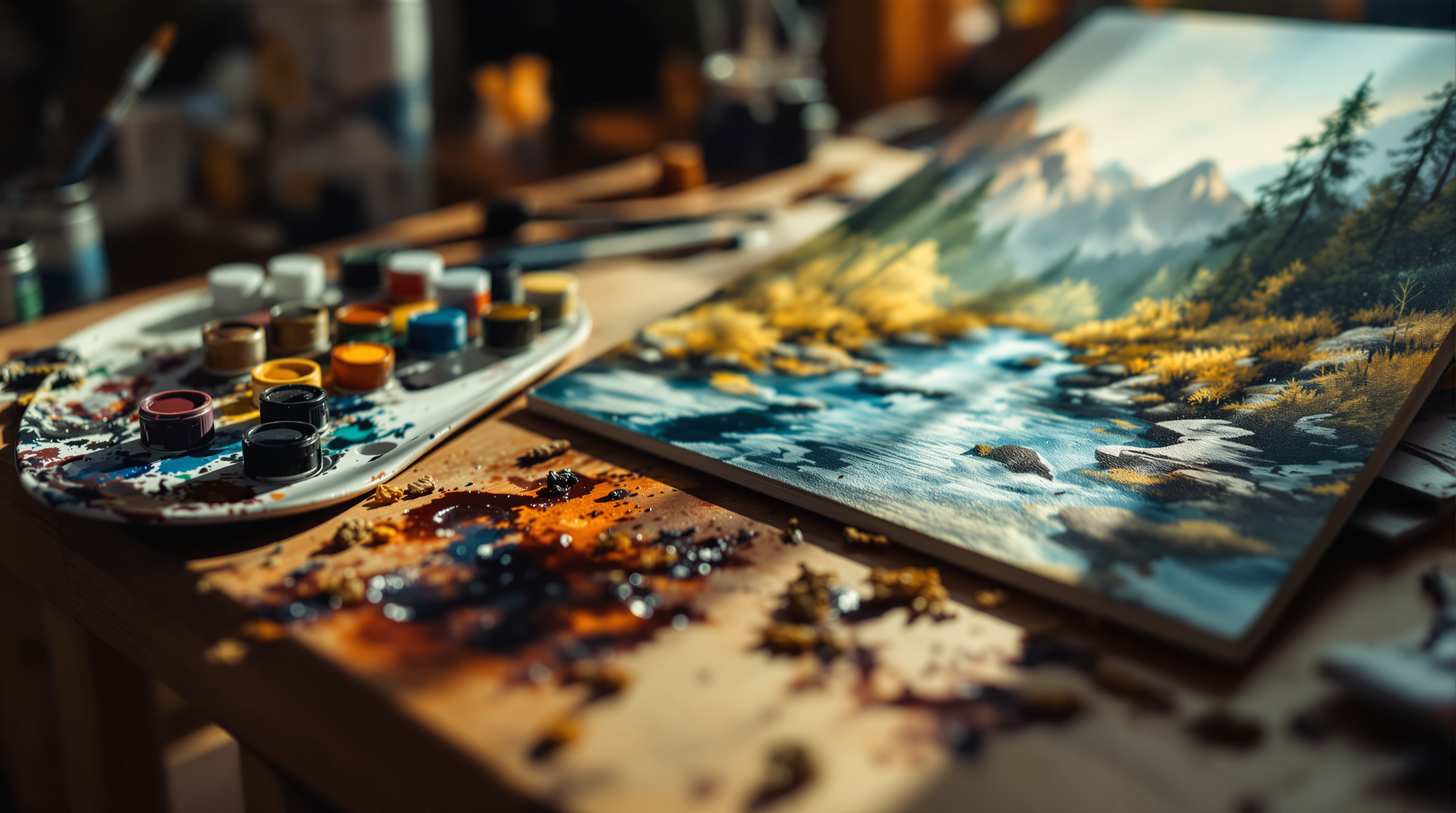 Artist palette and oil paints in a North Carolina mountain studio