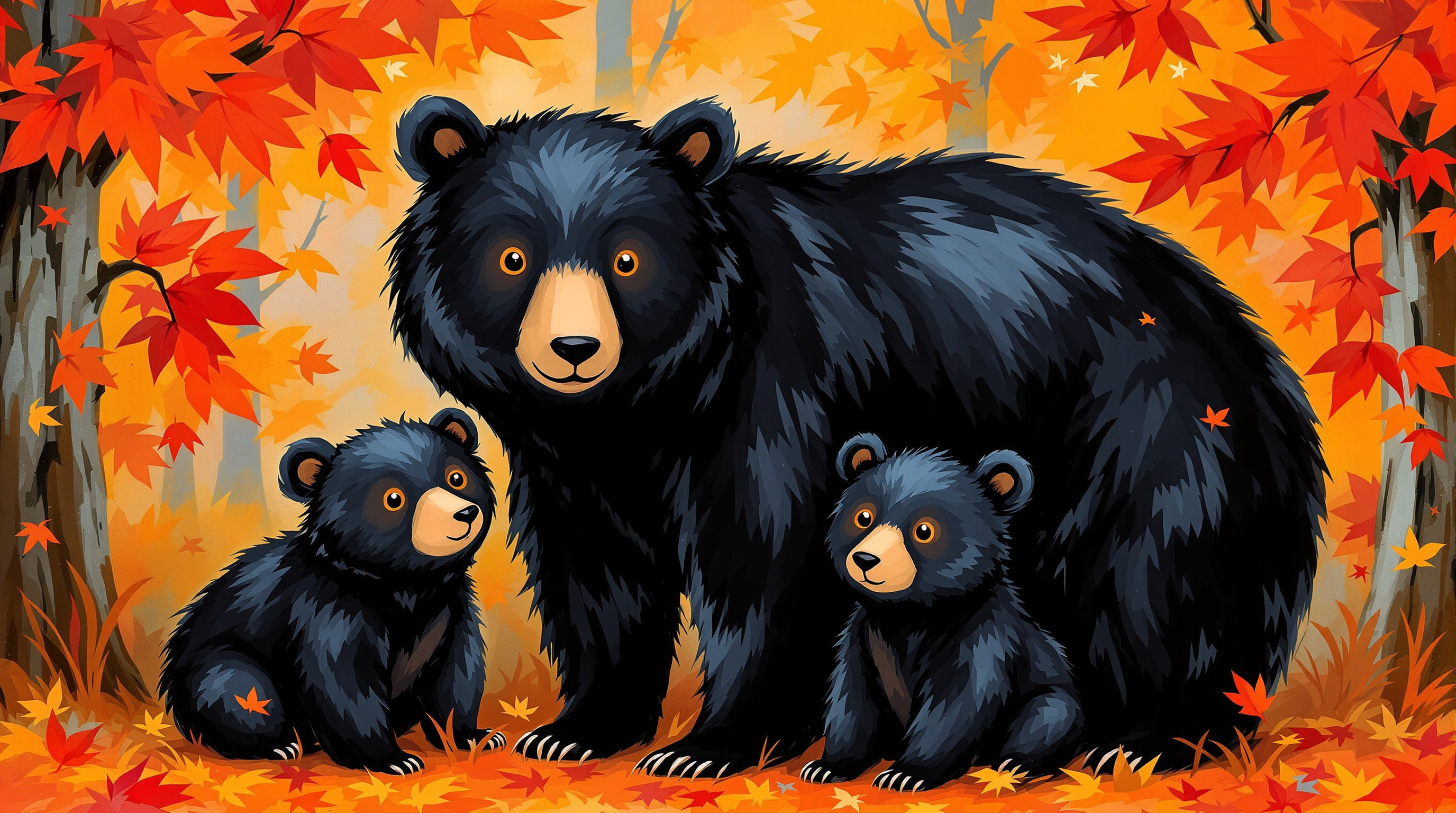 Black bear family acrylic painting in autumn forest