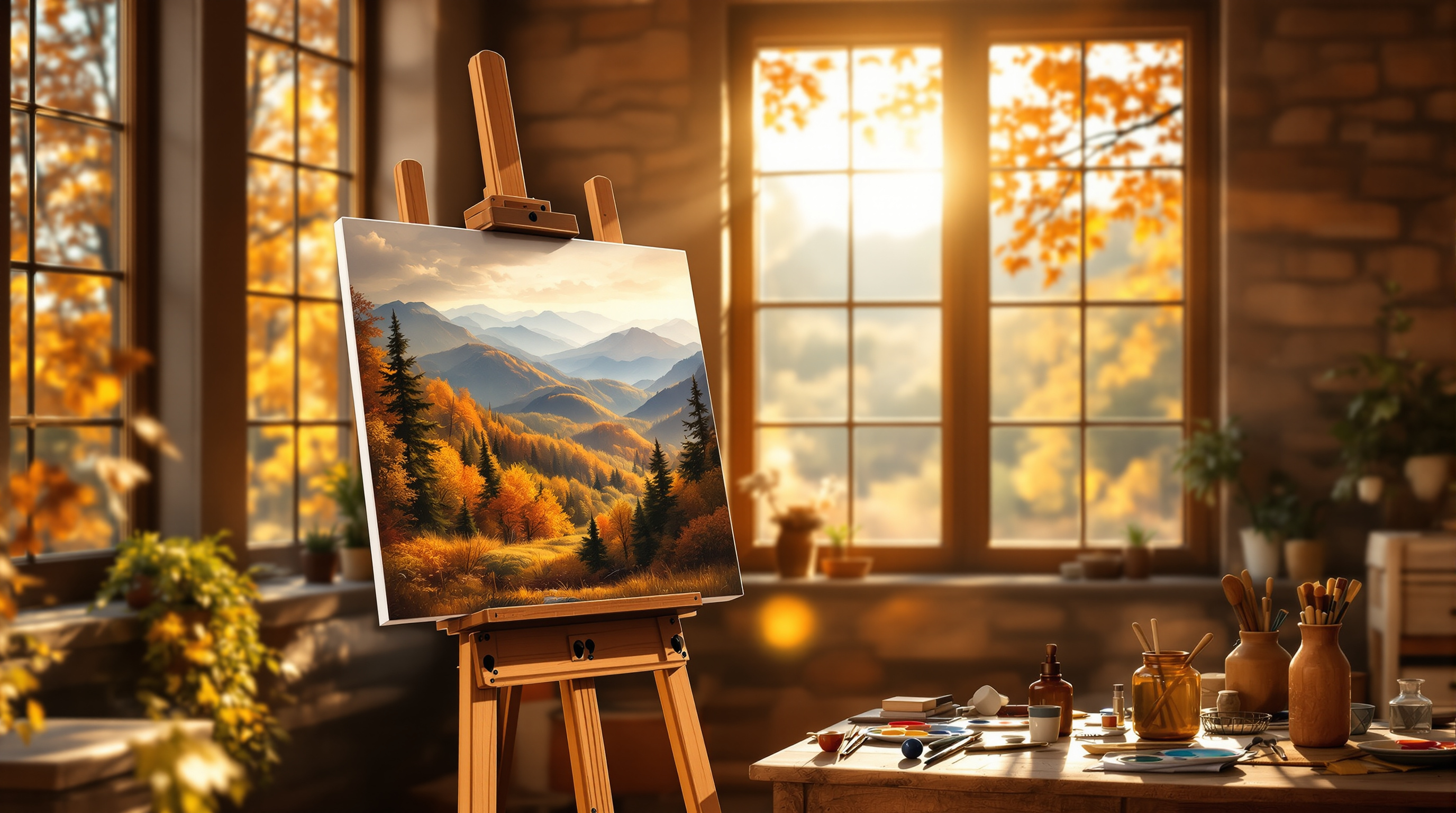 Sally Nooney's art studio with mountain landscape painting on easel