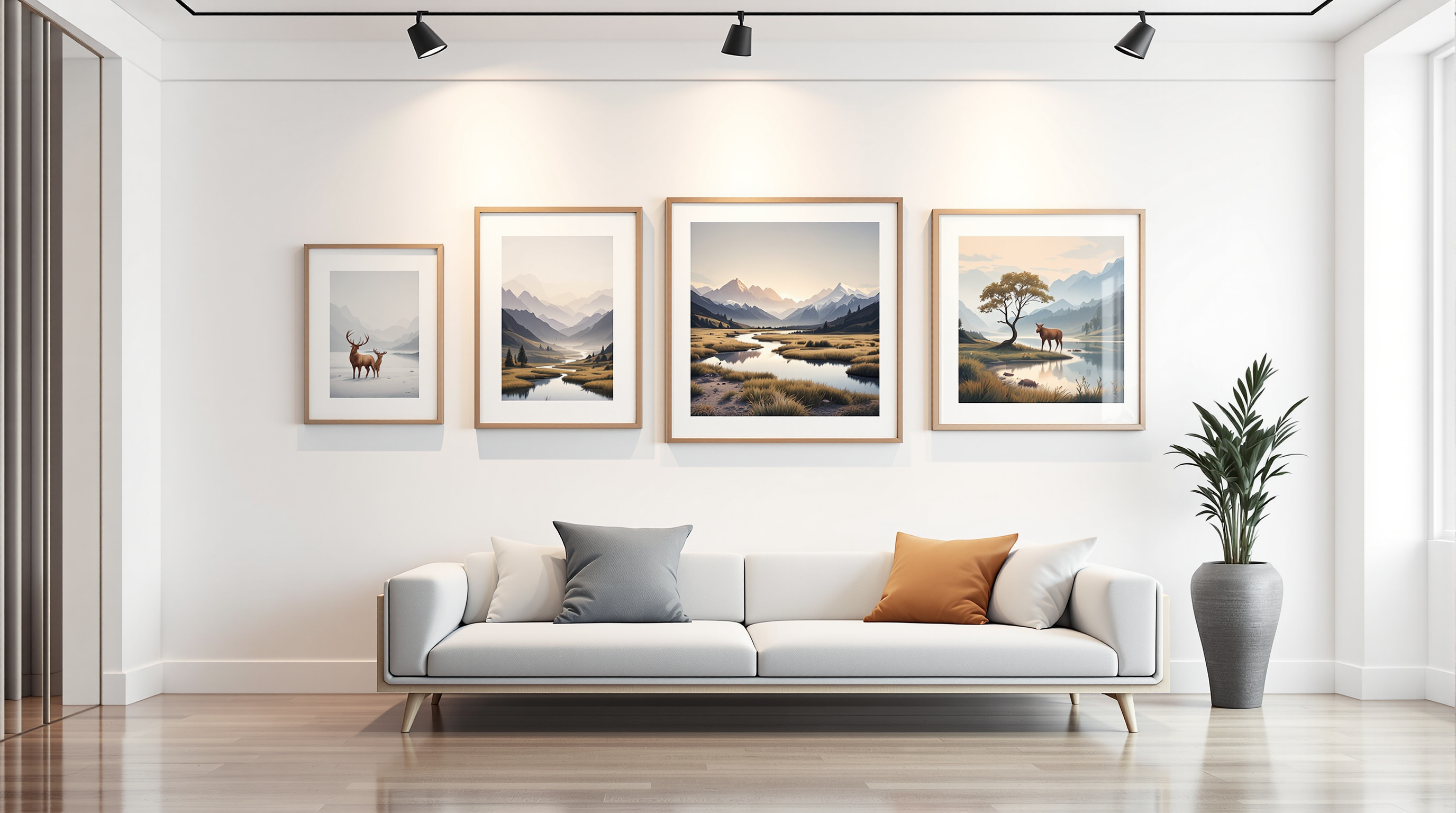 Gallery display of framed giclee prints
