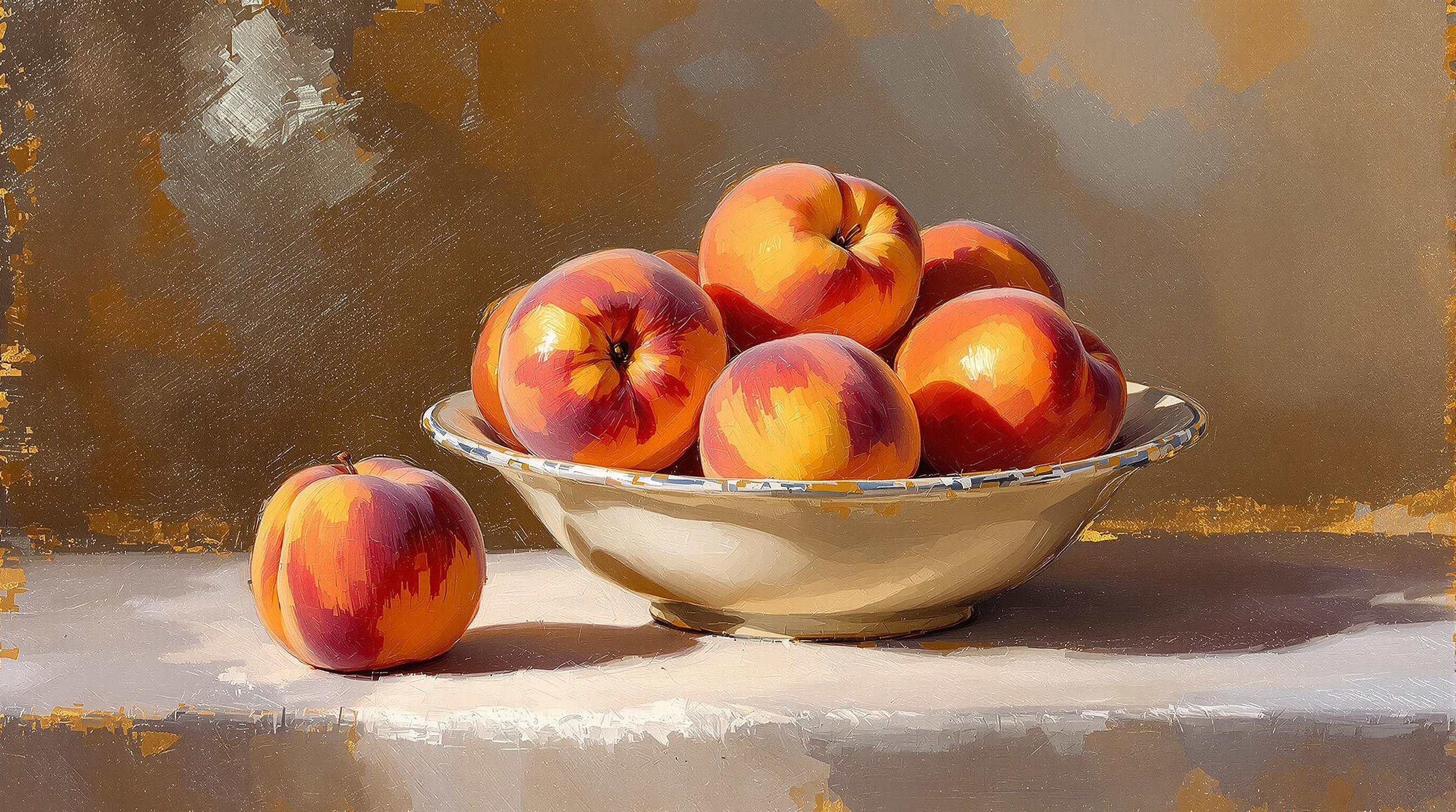 Still life painting of peaches in cream bowl