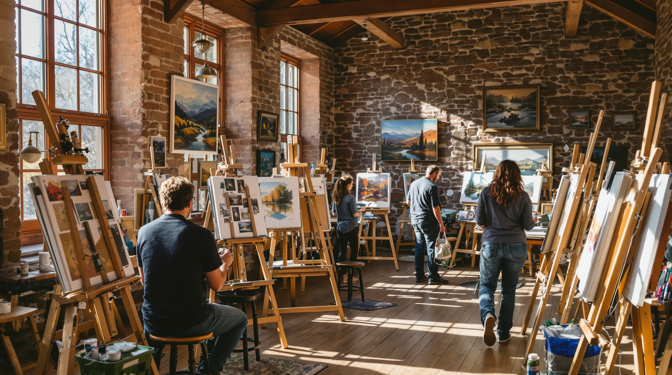 Art studio classroom with easels at Sally Nooney Gallery