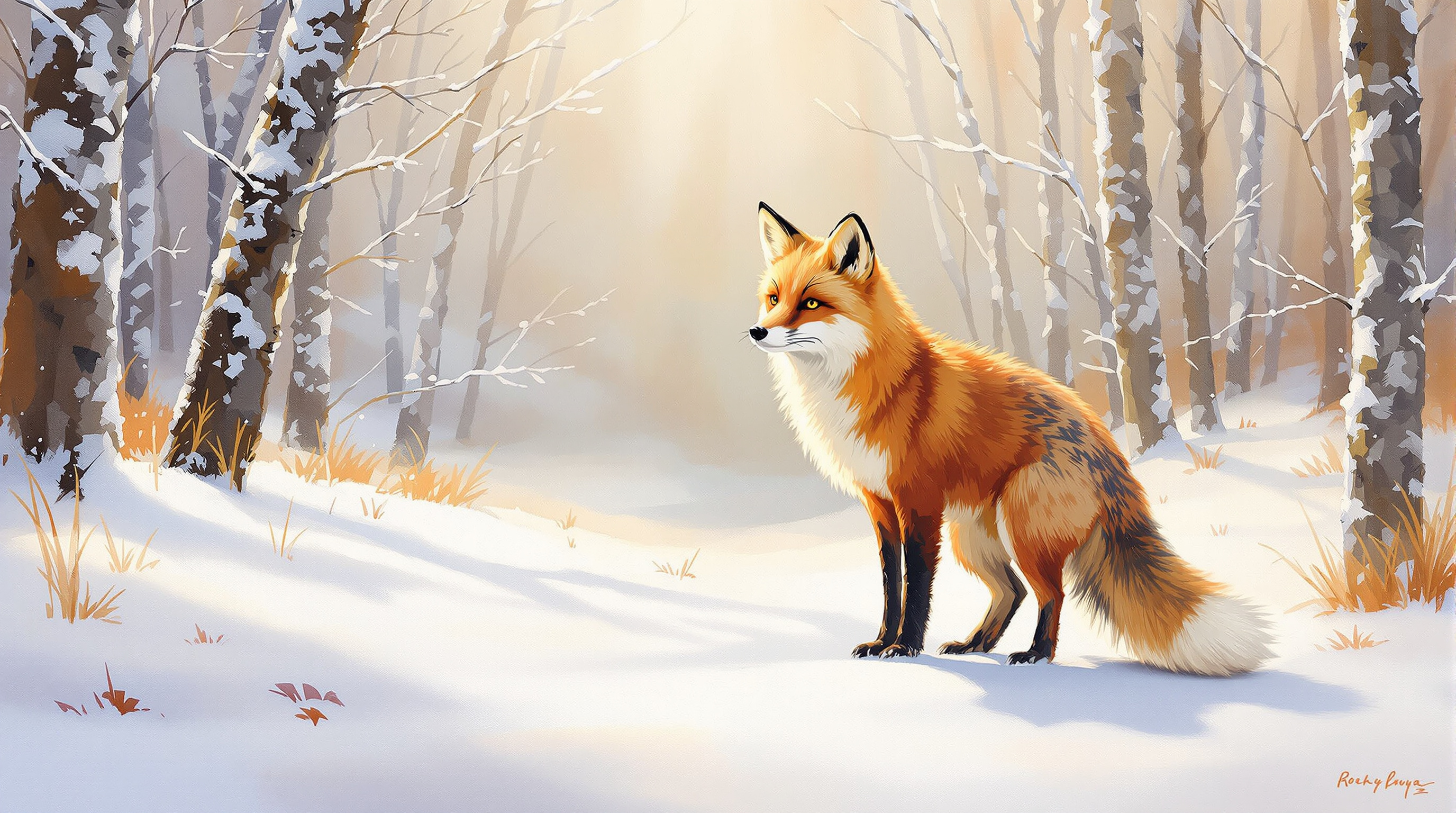 Red fox in winter forest oil painting